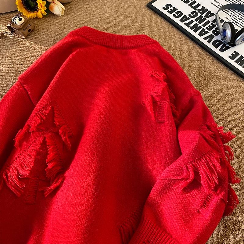 

2024 Лоскутный вязаный свитер тренд High Street осень зима теплые мужские топы хип-хоп уличная одежда мужской пуловер XL красный