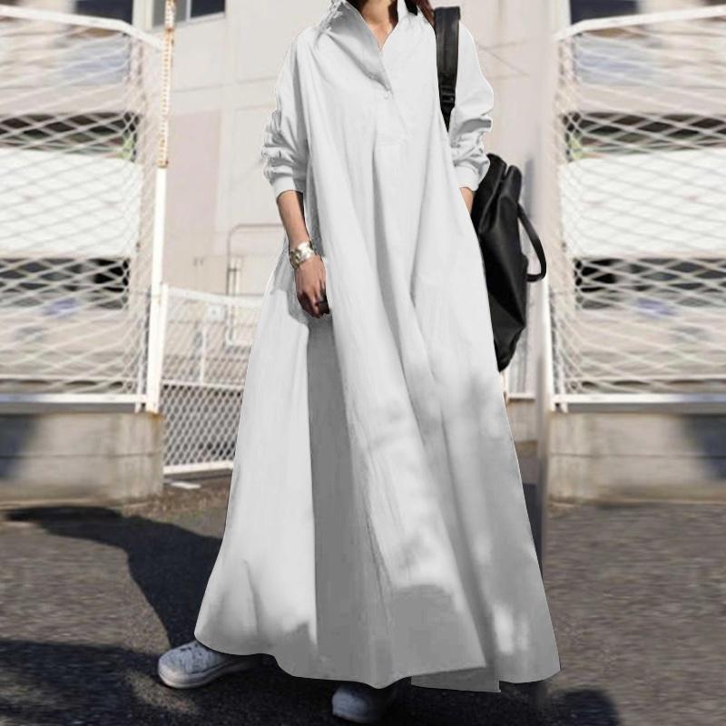Women Turn-down Collar Long Sleeve Shirt Dress Loose Plain Maxi Blouse Dresses