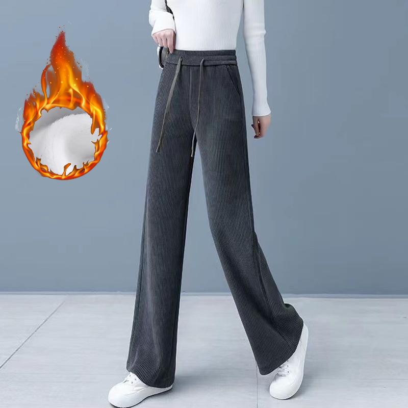 Winter Women Chic High Waisted Pants Lady Korean Style Versatile Solid Trousers Female Thermal Thicken Straight Leg Slacks