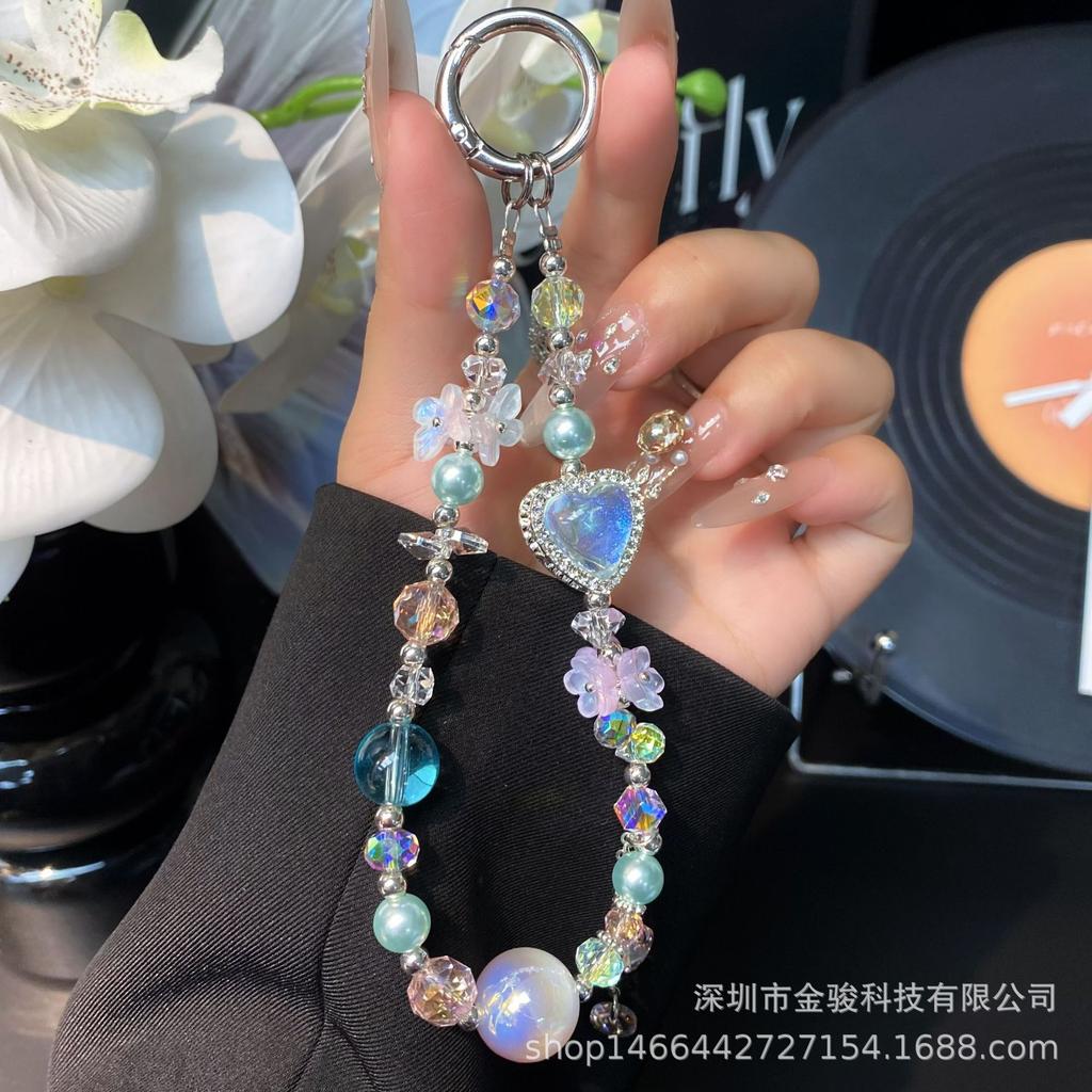Phone Chain with Rhinestones, Colorful Heart Phone Chain Strap, Wrist Strap, Handmade Crystal Beaded DIY Flower Chain