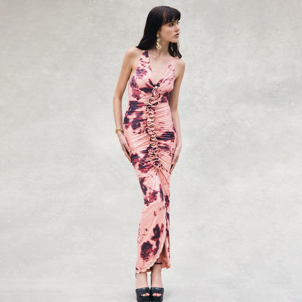 

Spring new V-neck off-the-shoulder drape dress long dress sexy tight low-cut waist dress S красный