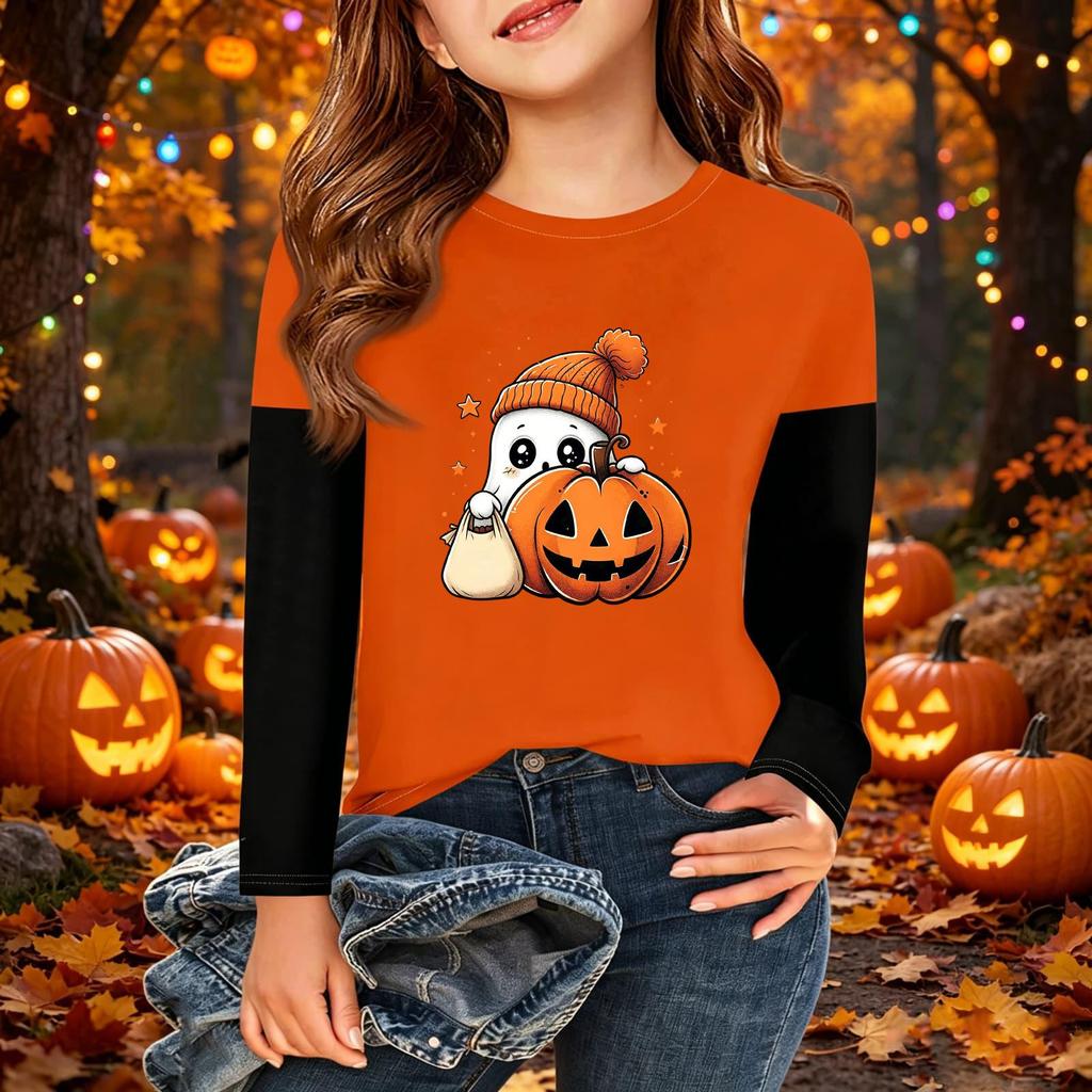 Kids Halloween Print Long Sleeve Neck T-Shirt Casual Top for Boys Girls