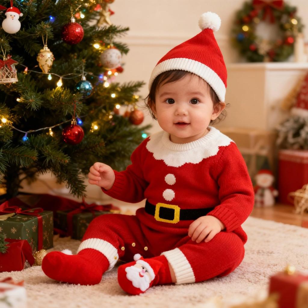 Joyesplay Santa Christmas Baby Santa Claus Cosplay Knitted Soft Santa Baby Costume for Christmas Commemorative Baby Shower Gift Costume, Romper,
