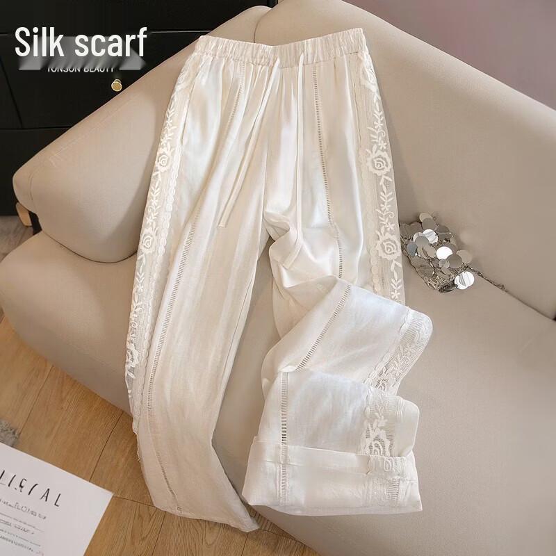 Women s Linen Lace Patchwork Wide-Leg Pants M