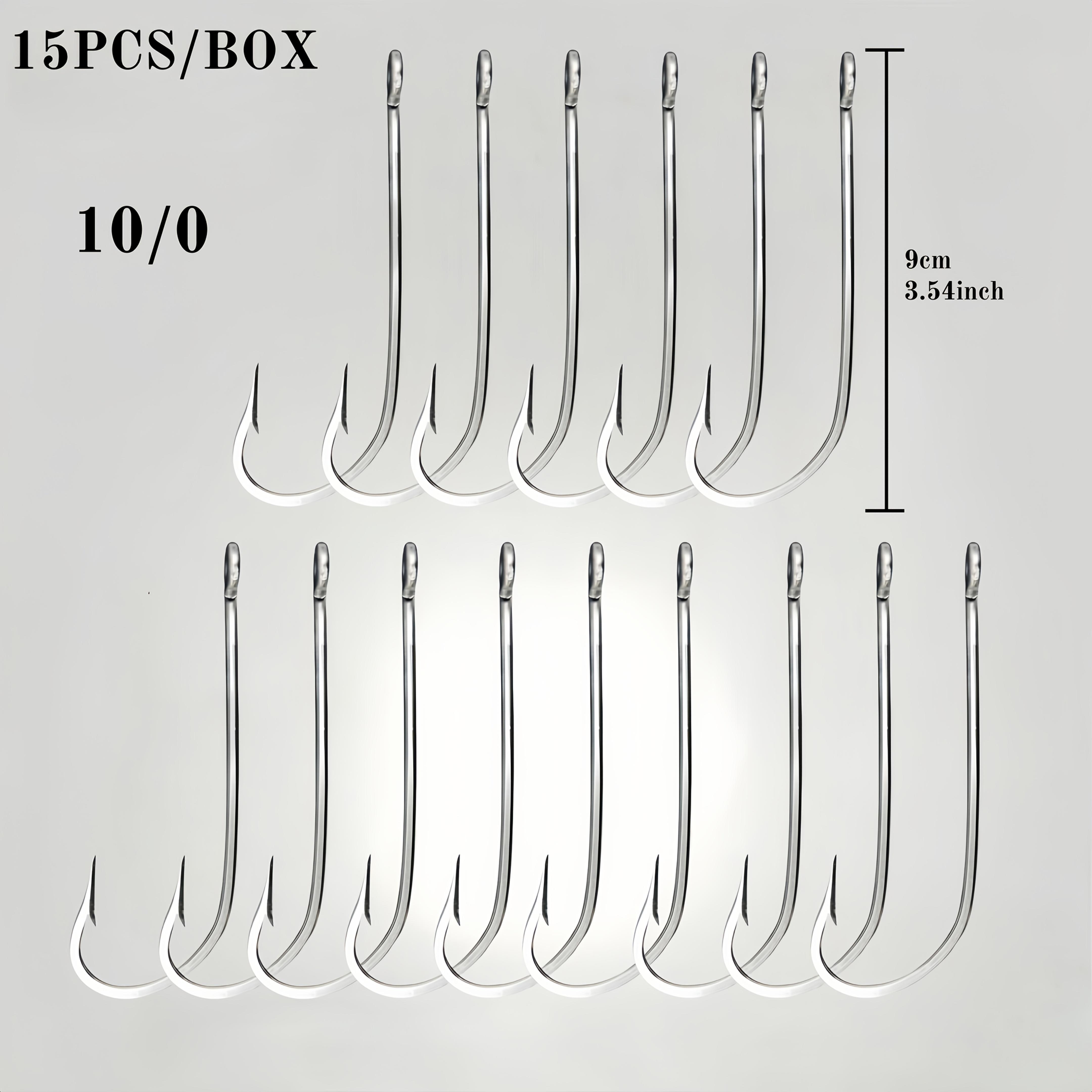 15Pcs/Box - 34007 Stainless Steel Long Shank Fishing Hooks with Barbs, Ringed Eye Saltwater Hooks for Sea Bass, Black Fish, and Trolling Fishing