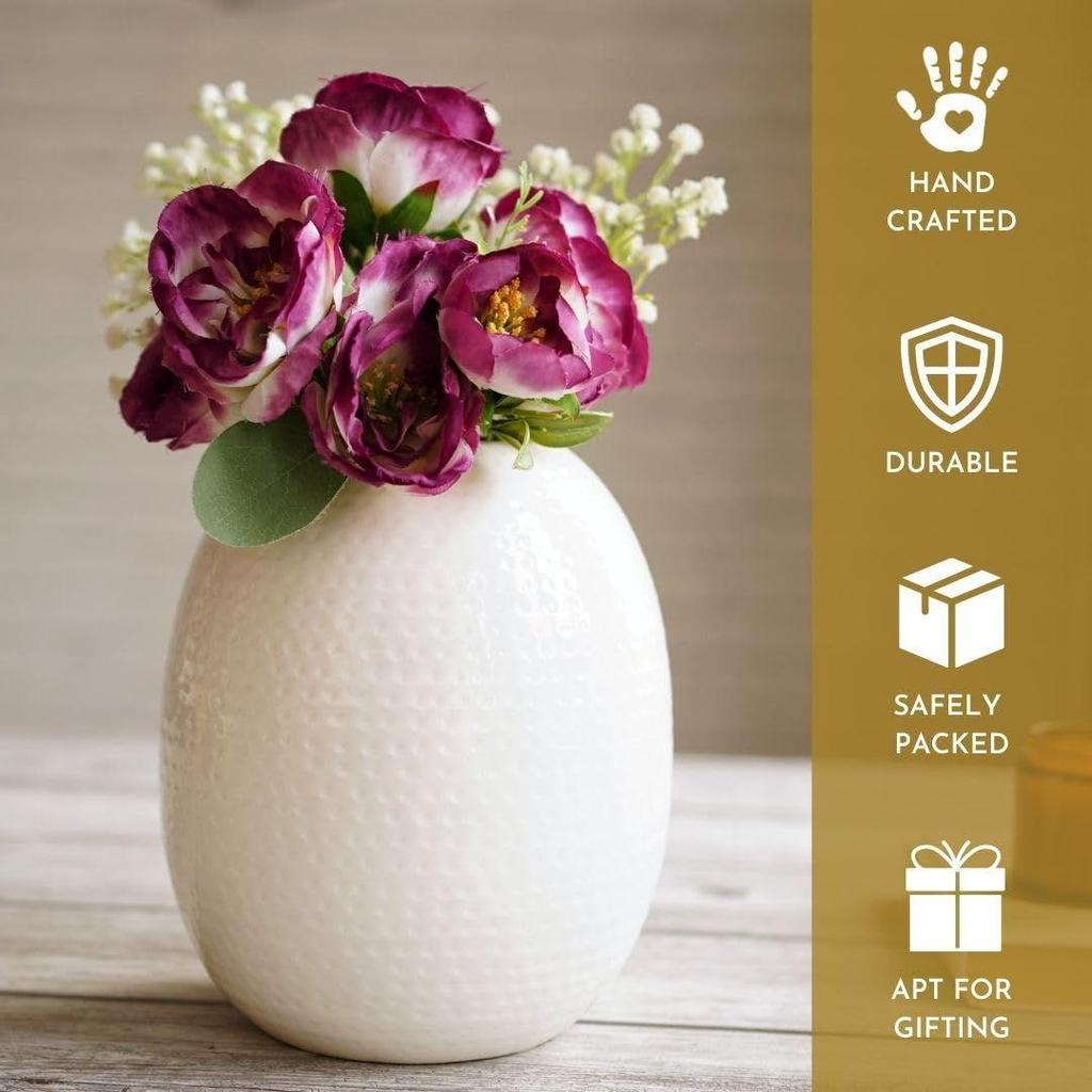 White Metal Hammered Oval Shape Vase for Home Decor Decoratives for Indoor Outdoor Living Room Balcony | Best Gift