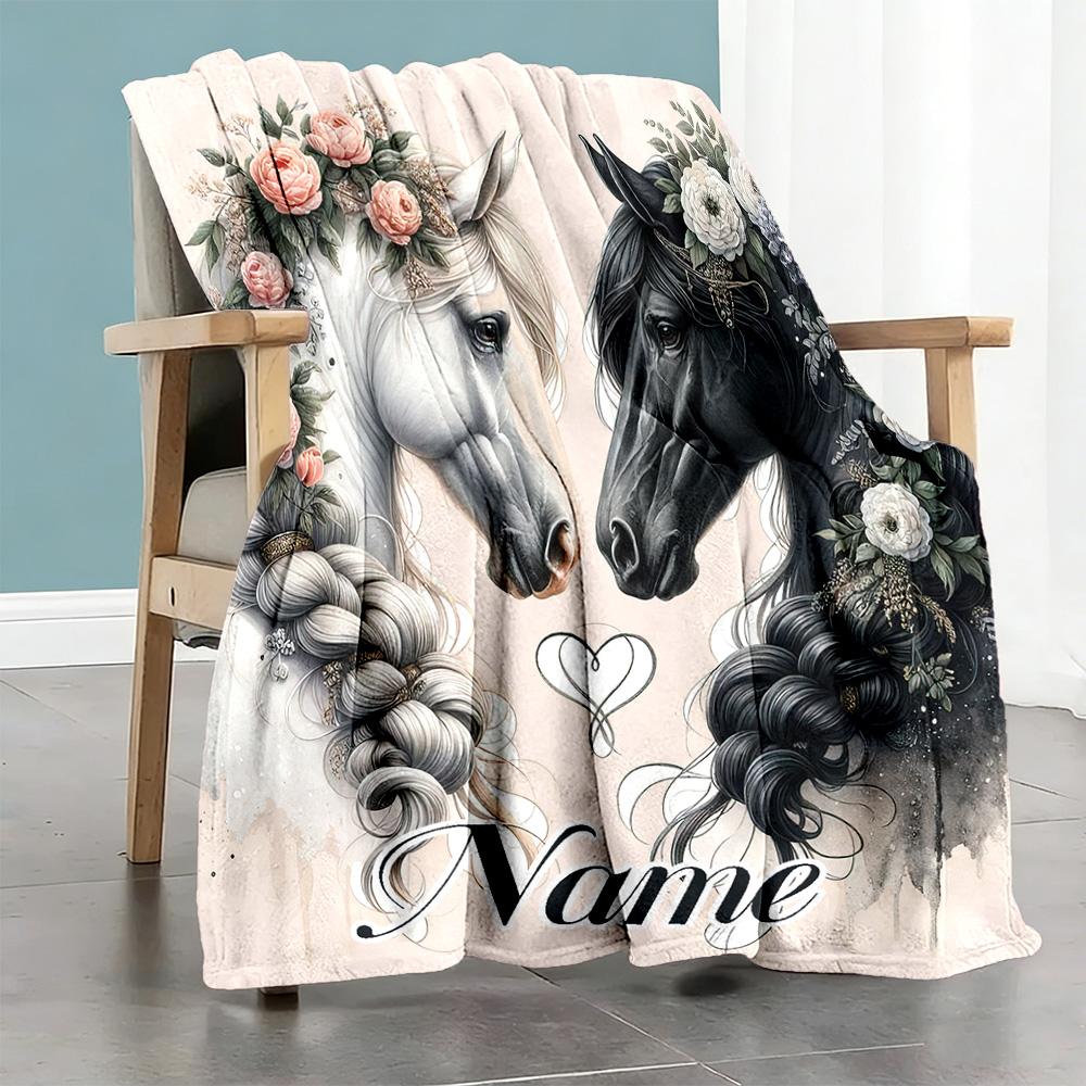 Horse6 Customize Text Blanket Lightweight Customizable Blanket Ultra-Soft Versatile for Office Chair Office Nap Seaside Four Seasons Multipurpose