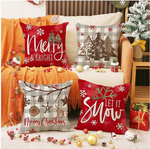 45x45cm Christmas Pillow Covers Set of 4,Winter Decorative Pillow Case, Merry Christmas Tree Cushion for Home Sofa Xmas Decor