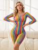 Womens Fishnet Sexy Lingerie Colorful Hollow Out Bodysuit Slim Fit Stretchy Short Jumpsuit Long Sleeve Bodycon Night Club Outfit