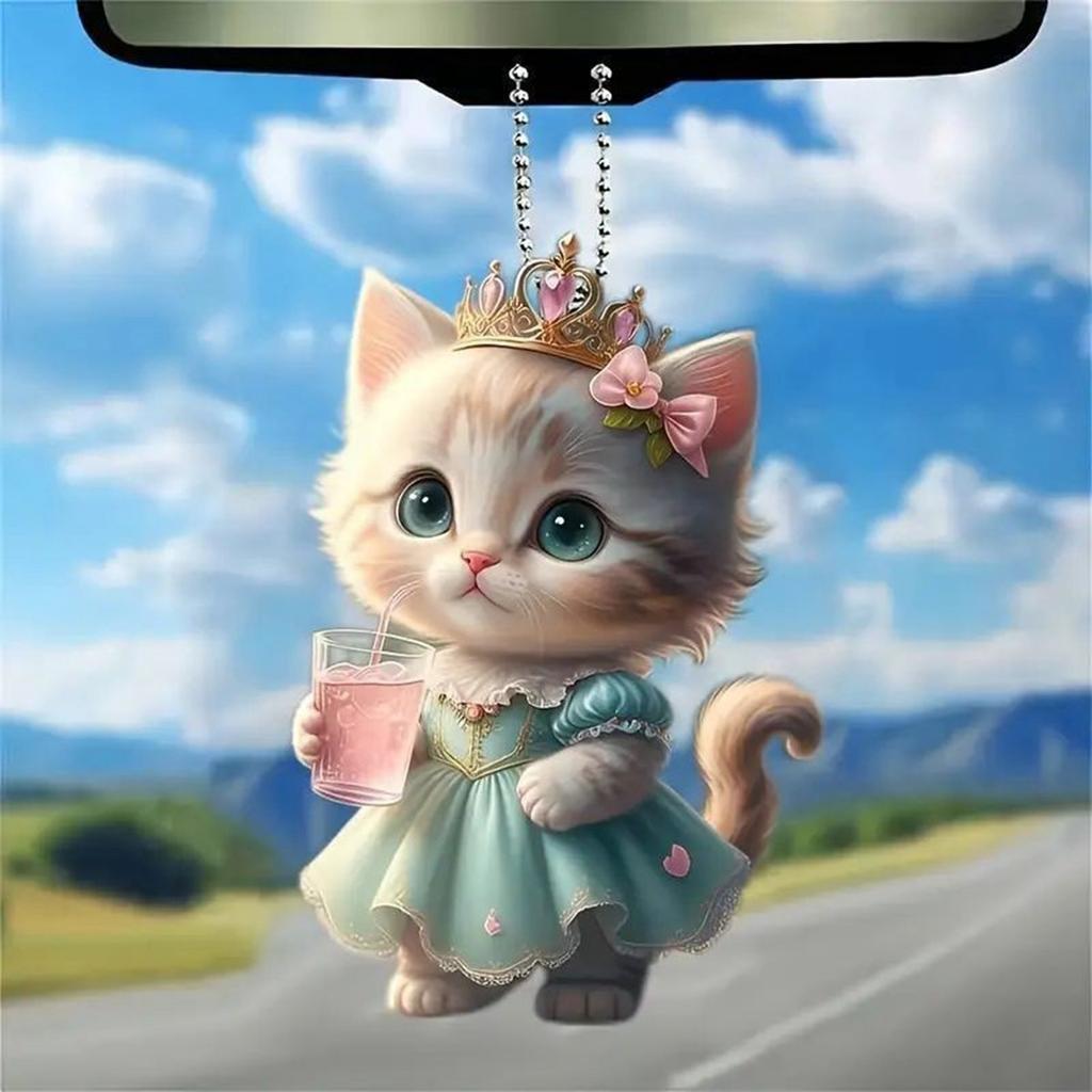 2D Cute Car Acrylic Flat Rearview Mirror Pendant Keychain Accessories