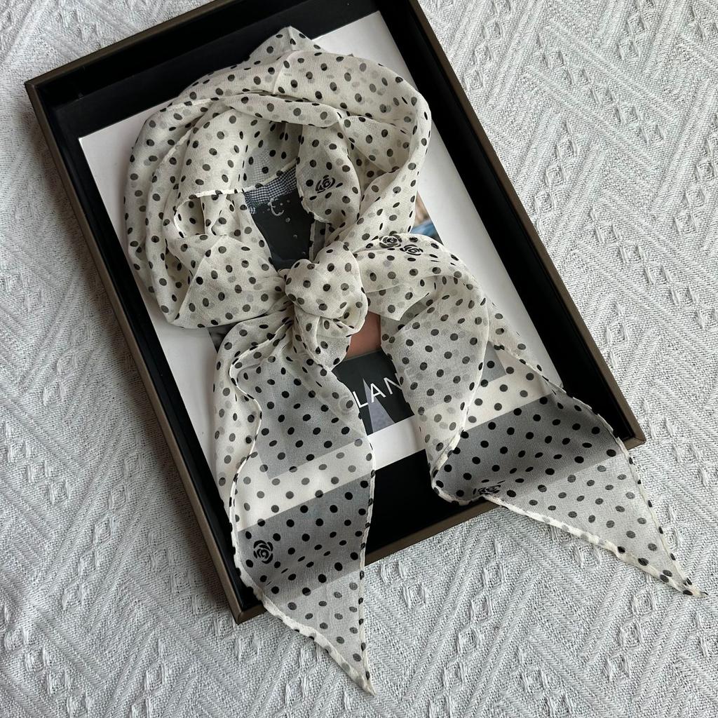 Black and white polka dot 111 silk georgette silk scarf women's summer thin scarf yarn long small scarf mulberry silk