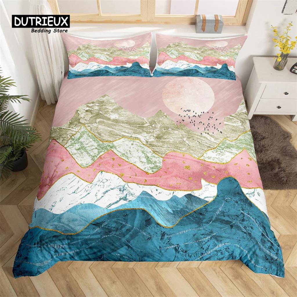 Abstract Mountain Duvet Cover Natural Scenery Art King Bedding Set For Nature Lover Gift Woodland Hiking Adventure Quilt Cover
