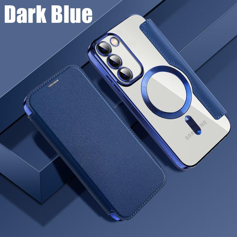 Leather Flip Cover Electroplat Silicone TPU Case For Samsung Galaxy S23 Ultra Plus Magnetic Wireless Charging Lens Glass Film