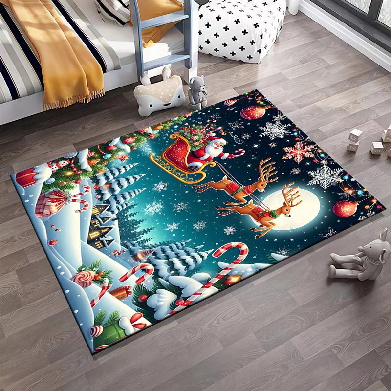 Christmas Carpet with Santa, Sleigh, Reindeer, Snow, and Candy Decor Suitable for use as an anti-slip for living room bedroom sofas