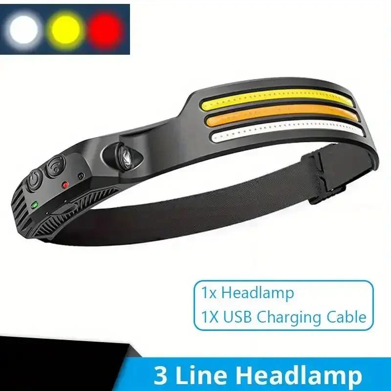 COB LED Headlamp Sensor Headlight with Built-in Battery Flashlight USB Rechargeable Head Lamp Torch 5 Lighting Modes Work Light