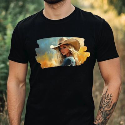 Men's T-Shirt Cowgirl Portrait Motif Cotton Size XS To 5XL