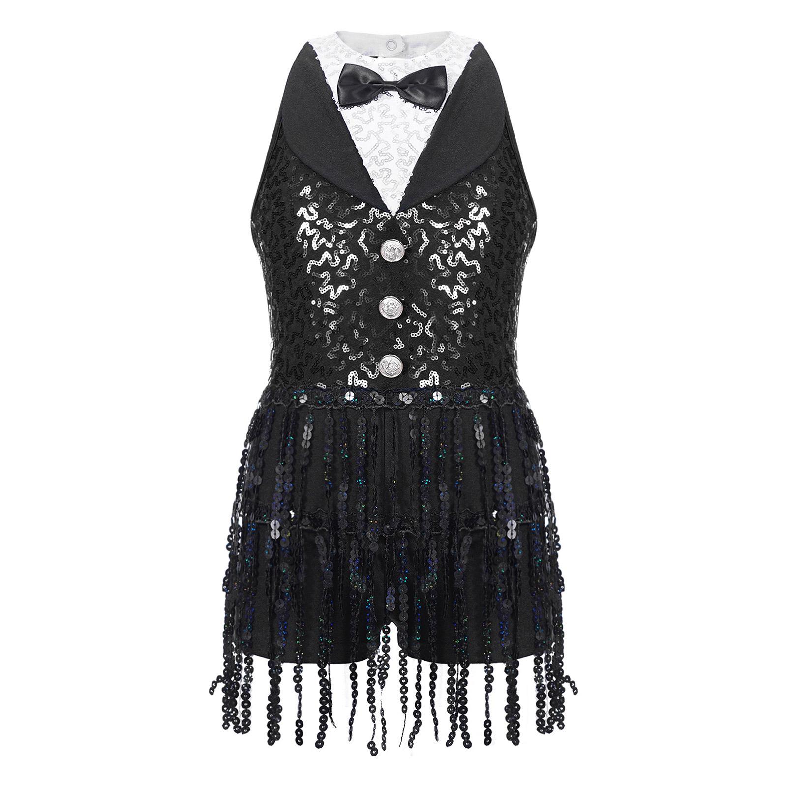 

Дівчачий блискучий танцювальний костюм з паєтками, без рукавів, з вирізом на спині, шорти-бойсики, прикраса бахромою, цільний танцювальний одяг 5-6 Years чорний