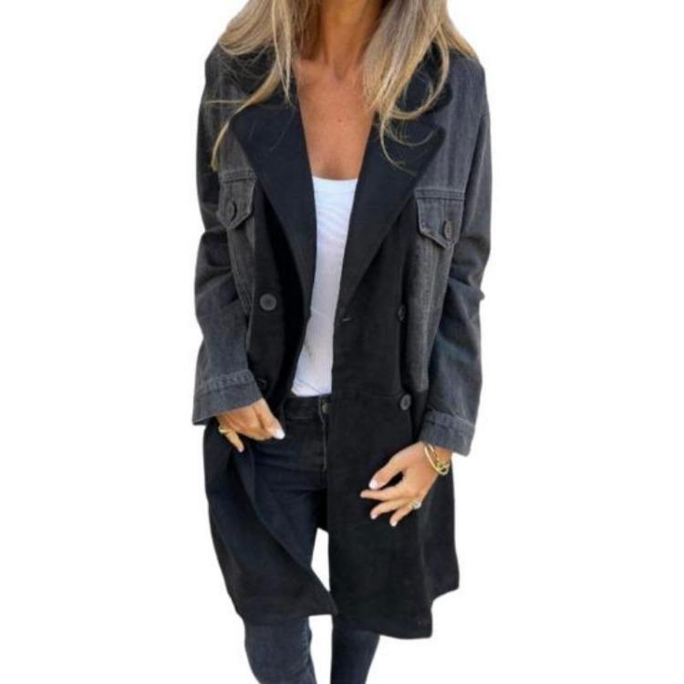 Mid Length Lady Overcoat Women Spring Fall Coat Denim Jacket Double Breasted Colorblock Patchwork with Flap Pockets