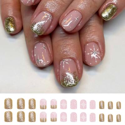 24 Pezzi Unghie Finte Glitterate Fiocco di Neve Copertura Totale Adesive Unghie Artificiali Natale Press On Nails per Donna