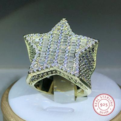 Silver New Arrivel Hip-hop Full Crystal Micro-inlaid Zircon Big Five-pointed Star Ring For Men and Women Jewelry