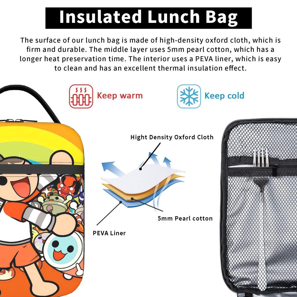 Taiko No Tatsujin Lunch Bag Vintage Lunch Box For Girl Boy School Cooler Bag Waterproof Tote Food Bags
