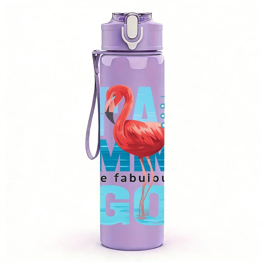 1PC Pink Flamingo HA HA Letter Print 750ml Color Plastic Sports Water Bottle Leakproof Flip Straw Lid Suitable for Sports Office Home Use