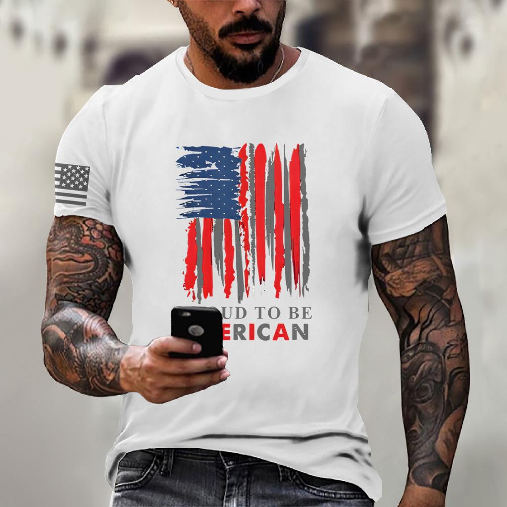 Men's Fashion Casual Short Sleeve Round Neck Independence Day Flag T-Shirt Top