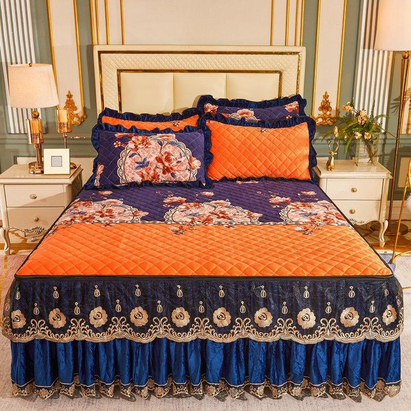 High Grade Winter Crystal Velvet Thicken Quilted Bedspread King Queen Size Flannel Quilting Bed Skirt Including Pillowcase