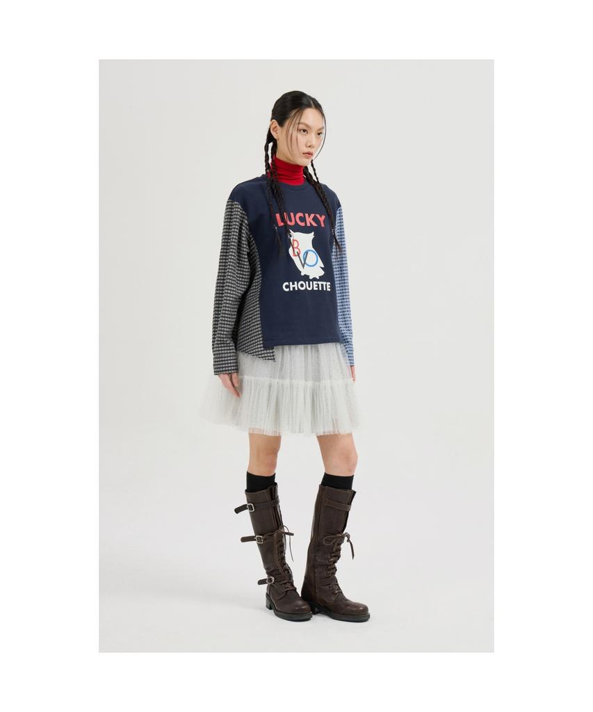 LUCKY CHOUETTE Checkered Sleeve Mix Long-Sleeved T-Shirt (Dark Navy) Lftas25195Nyd