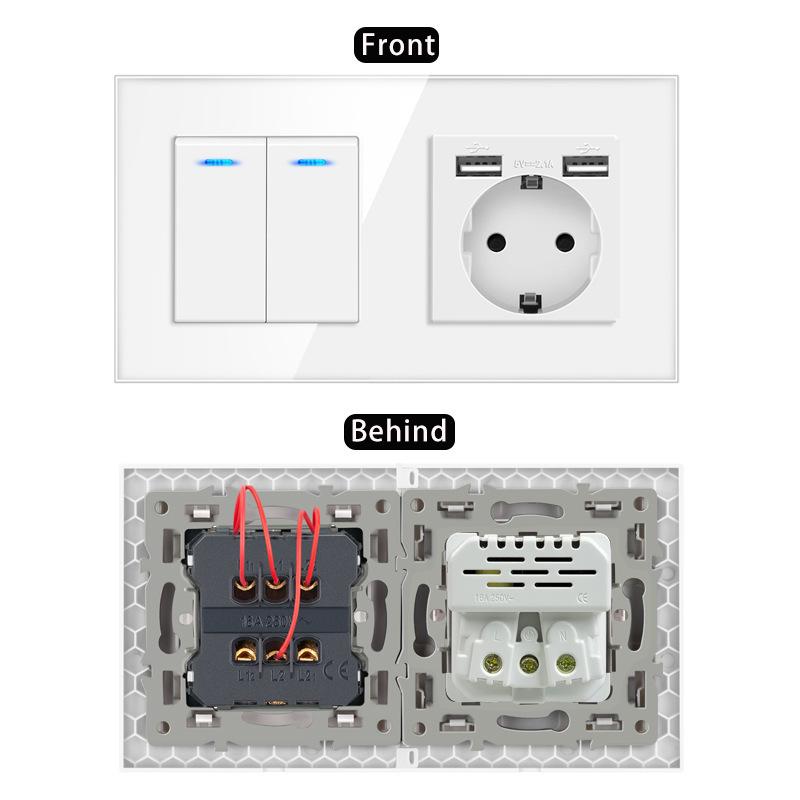 European Style Type 157 16A USB Wall Socket with LED Light, Glass Finish.