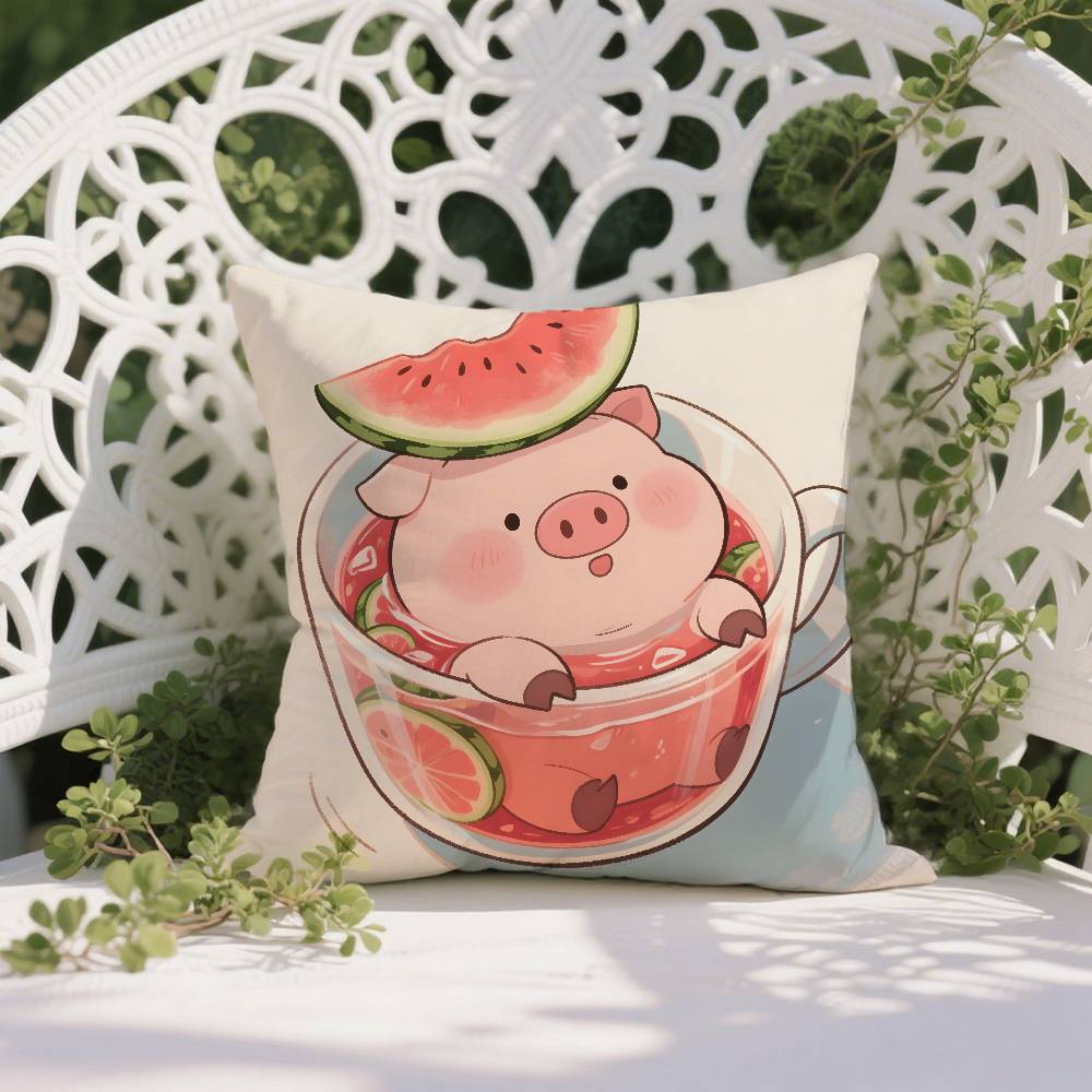 Happy Accompanying Pig Summer Pattern Pillow Case Anti-dustmite Pillowcase Invisible Zipper Silky Short Plush Sofa Cushion Cover