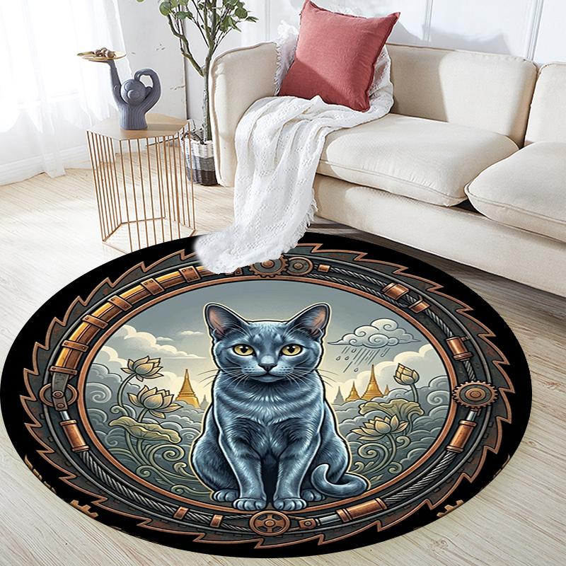 Steampunk Cat Lotus Temple Round Area Rug Under Office Chairs Bedroom Living Room Home Decor