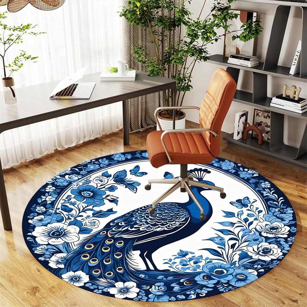 1pc Peacock Flowers Round Chair mat Area Rug - Non-Slip, Floor Mat for Office, Bedroom, and Indoor Decor -1002210