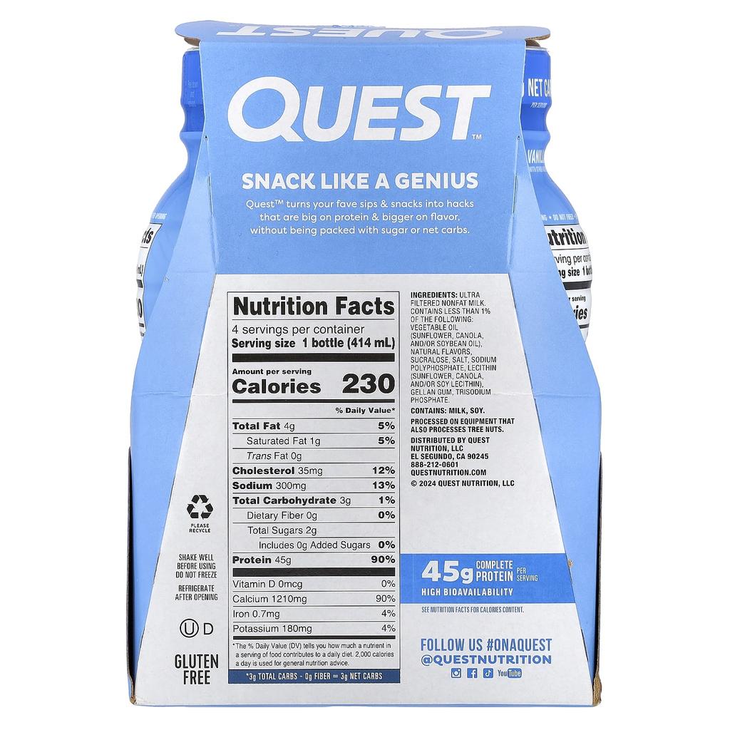 Quest Nutrition Protein Milk Shake, Vanilla, 4 Bottles, 414ml (14 Fl Oz) Each