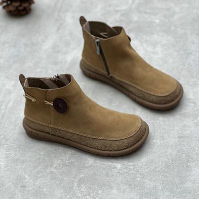 Retro-Damen-flache kurze Stiefel aus echtem Leder, handgefertigt, runde Zehen, einfarbige Stiefeletten