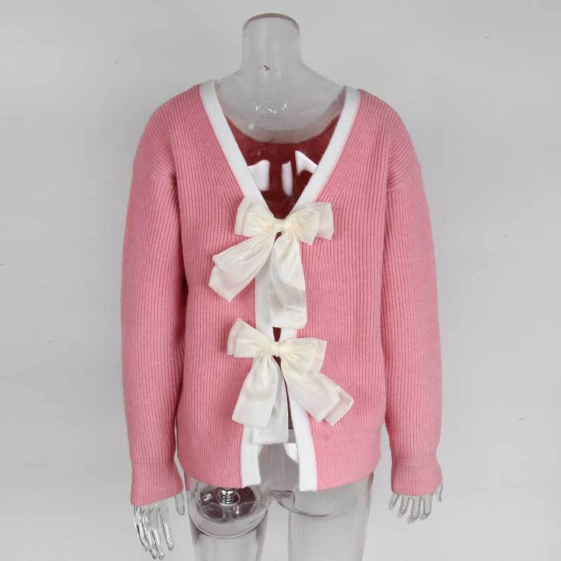 Damen Rundhals Langarm Strickpullover Lockerer Schnitt Lässiger Pullover mit Schleife am Rücken