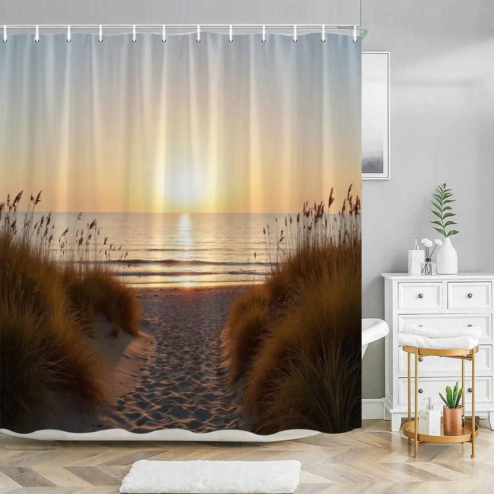 Sunset Beach Shower Curtain - Serene Coastal Pathway, Golden Hues, Ocean Waves & Vibrant Sky, Polyester, 70x70 Inches W90xH180cm