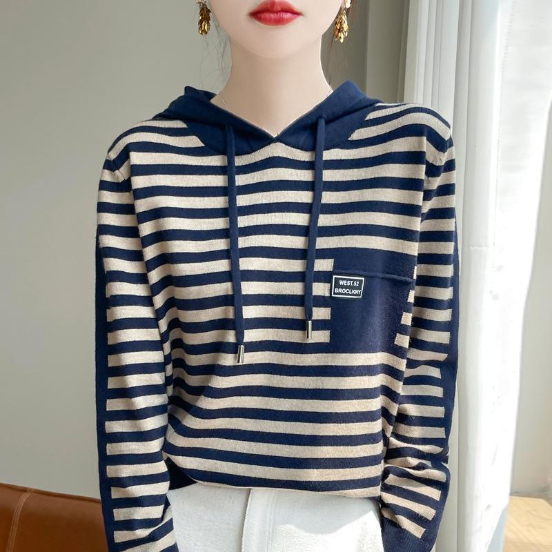 Полосатый цветной блокирующий повседневный вязаный свитер с капюшоном, женская осенняя мода, модный вязаный свитер M темно-синий