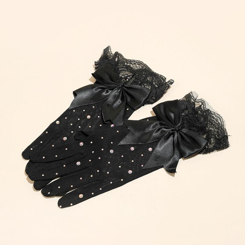 New Halloween Cosplay Dress Gloves Mesh Flash Diamond Black Lace Bow Gloves
