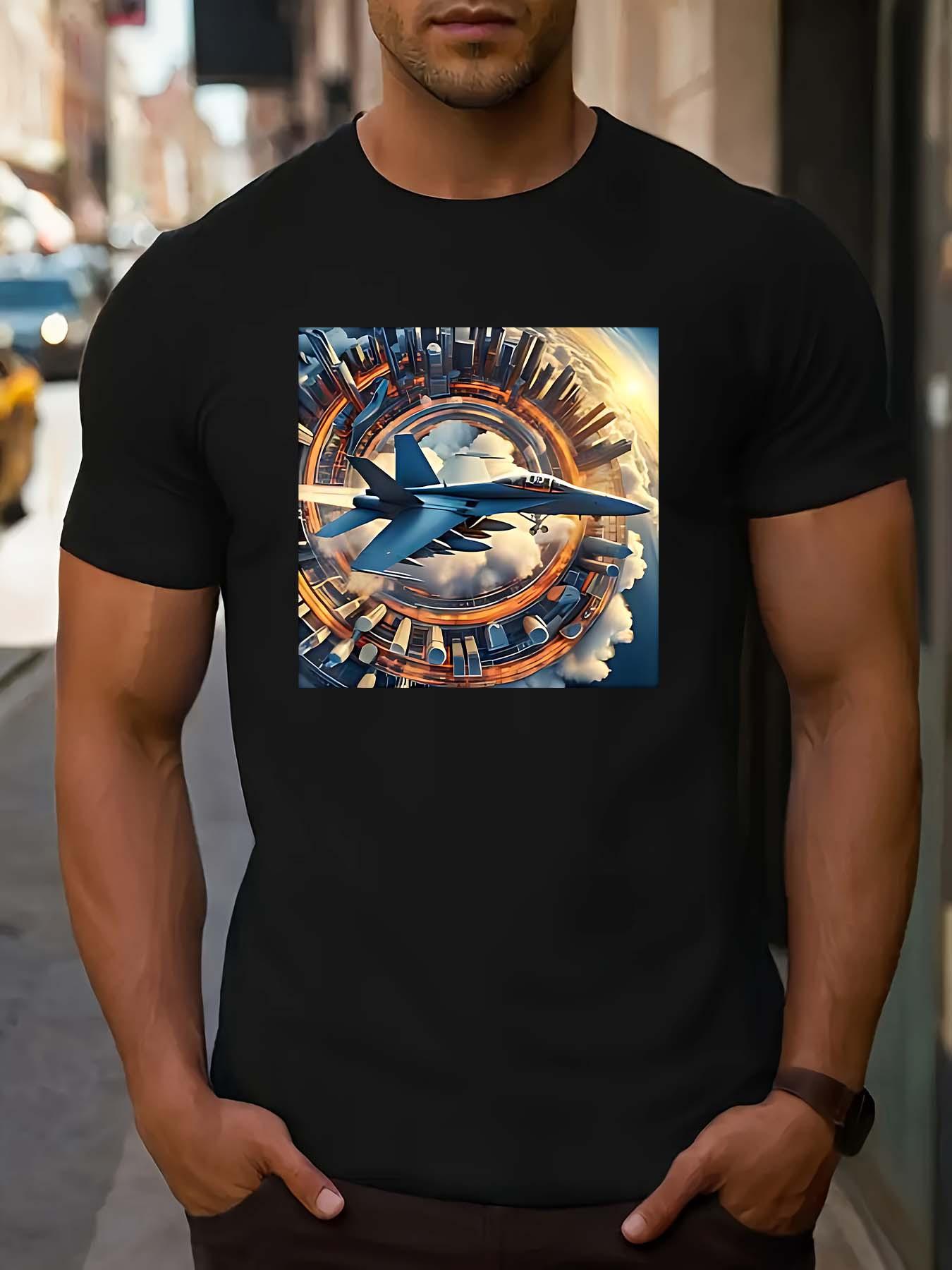 Creative Short-Sleeve T-shirt with Airplane & Gears Graphic - Casual Summer Outdoor Top L