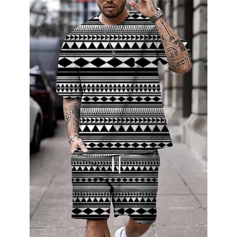 2025 New Summer Men's Short Sleeve Shorts Set Street Everyday Casual Men's T-Shirt Outdoor Fashion Loose Shorts Bohemian Print
