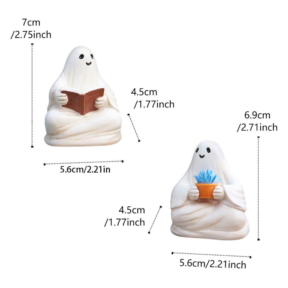 2pcs Resin Halloween Ghost Ornaments Cute Reading Ghost Statue Micro Landscape Ghost Sculpture  Gift