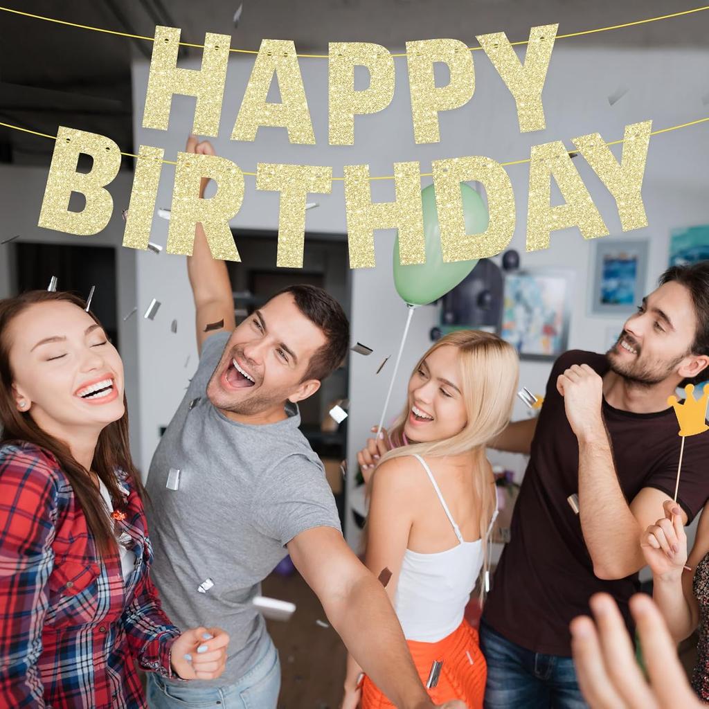 Pre-Strung Happy Birthday Banner - NO DIY - Glitter Gold Birthday Party Decorations for Women Men Kids