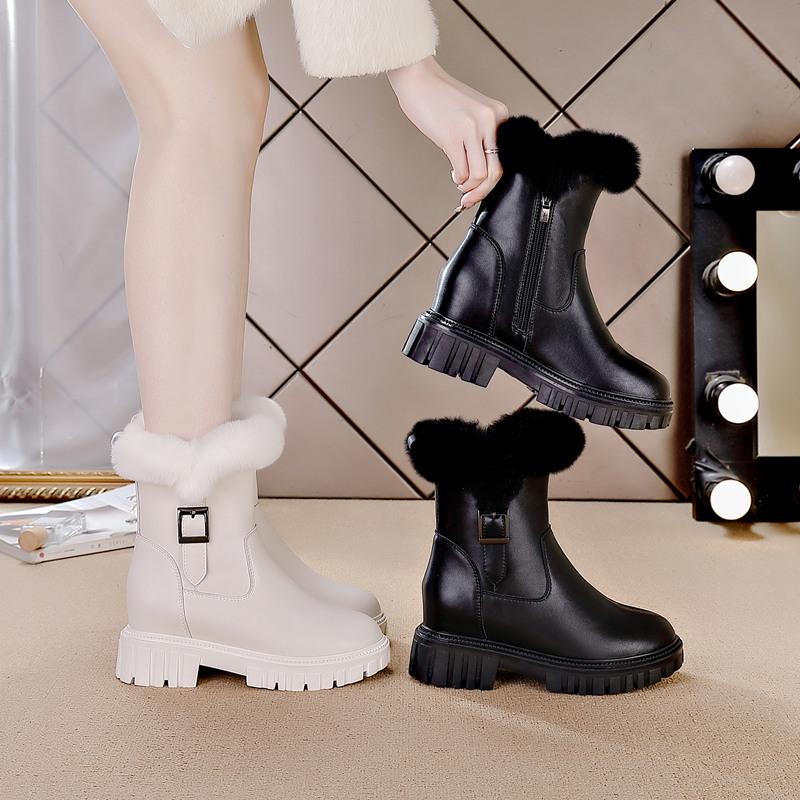Inner heightening snow boots women's winter new casual mid-tube boots rabbit fur thermal cotton boots thick-soled women's boots