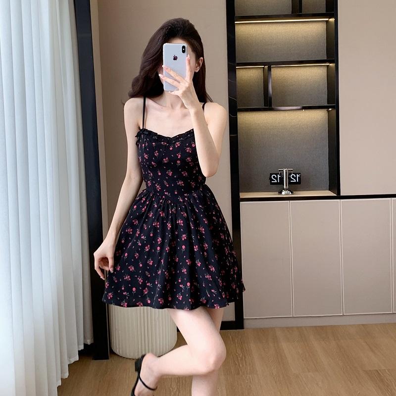 

Beautiful Girl Black Floral Print Mini Dress Thin Strap Ruffle A Line Dress High-waist Slim Casual White Short Dress Summer Casual Beach Party Dress S чёрный