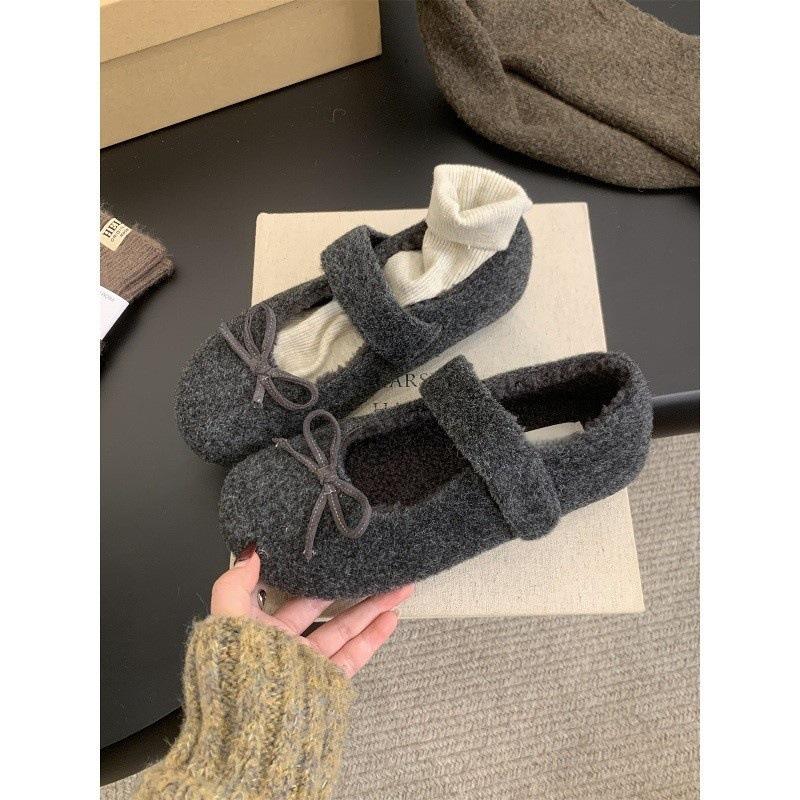 Bow gray fluffy shoes winter wear new velvet single shoes flat warm Mary Jane Doudou shoes