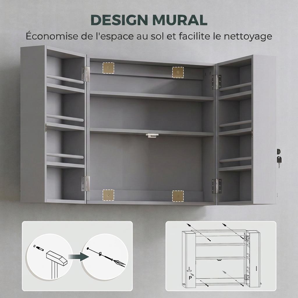 Wall-Mounted Medicine Cabinet, Double Lockable Doors, 2 Keys, 53 x 20 x 53 cm, Grey