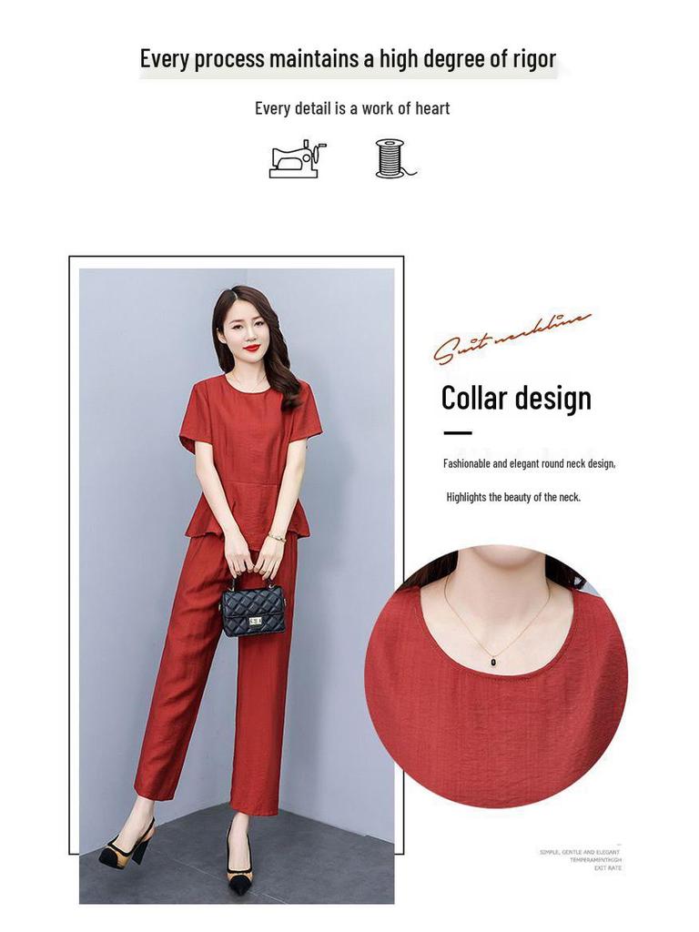Plus Size Cotton Silk Two-Piece Set: Stylish Casual Short Sleeve Top & Wide-Leg Pants for Moms - Summer Elegance