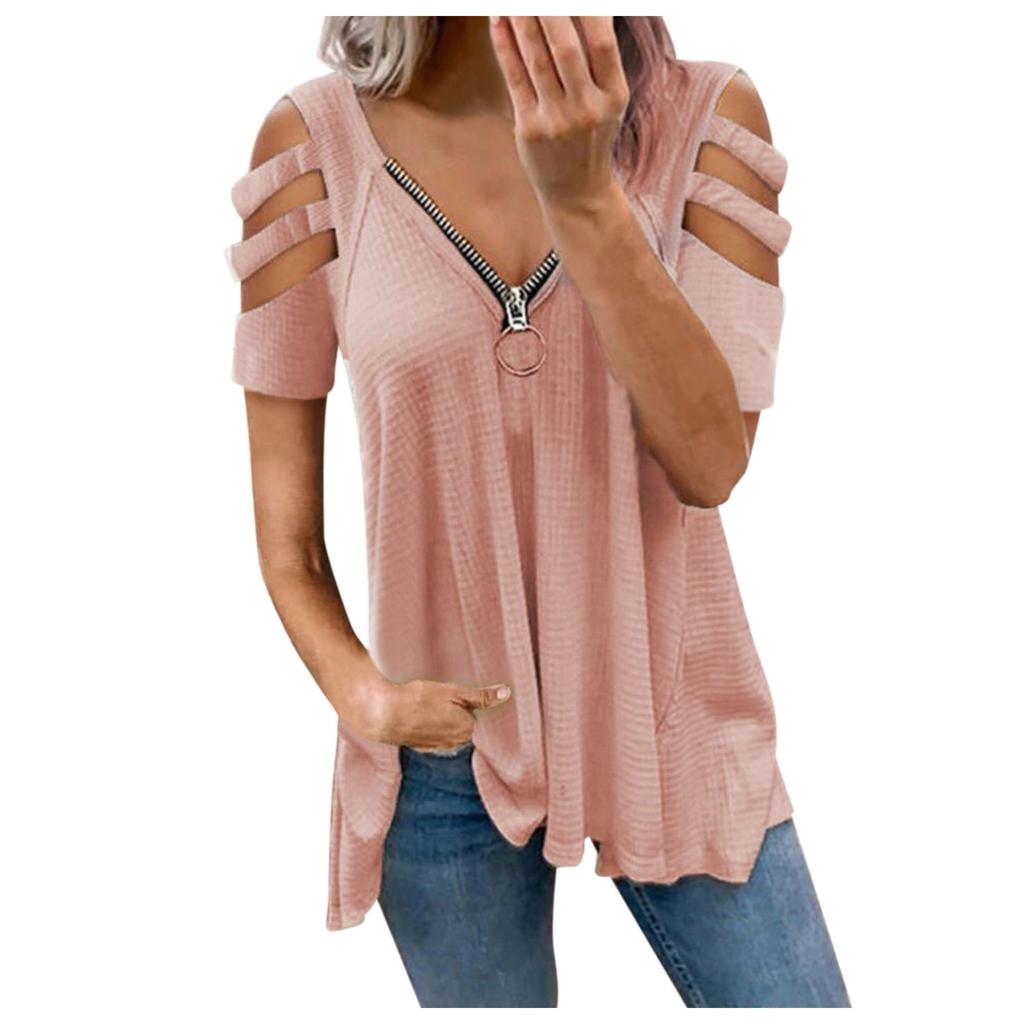 Womens Sexy V-neck Collar Zipper Color Short Sleeve Fold Casual Blouse Tops