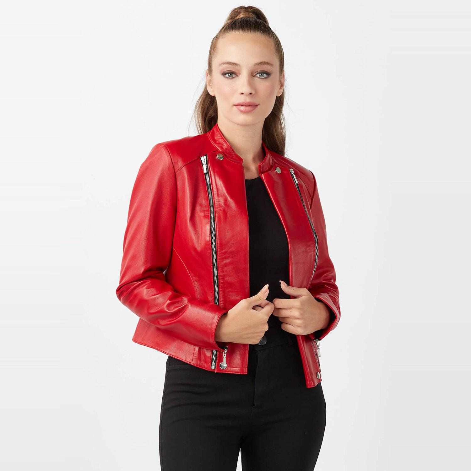 

Женская куртка из натуральной кожи с двойным воротником красная XS красный